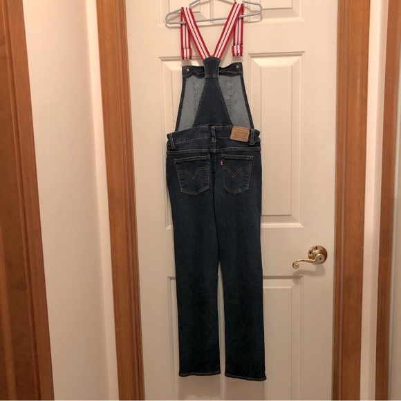 🌻Girls’ size 14 Levi’s stretch denim bib overalls w/red & white straps - Picture 5 of 10